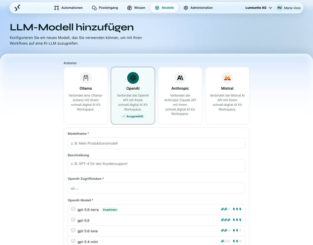 Die OpenAI-Konfiguration mit dem Feld OpenAI-Zugriffstoken und der Auswahl der Modell-ID.