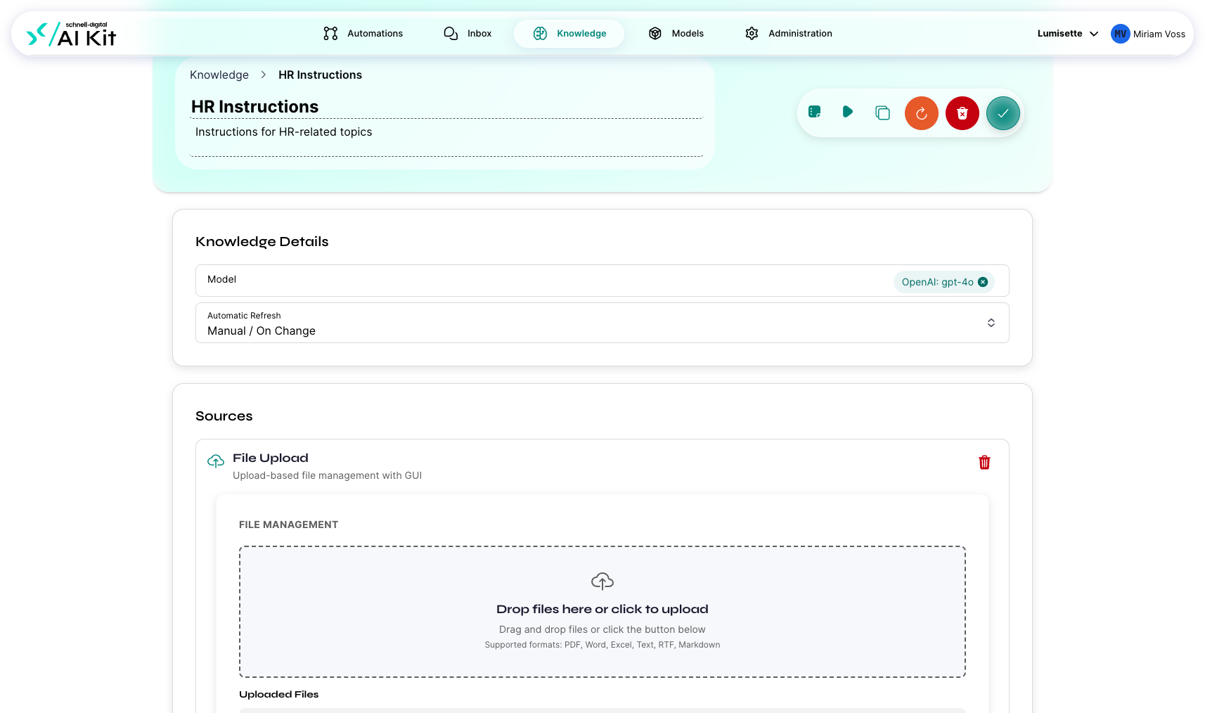 The knowledge editor with the source configuration, the model picker, and the toolbar (Jobs, Test, Duplicate, Refresh, Remove, Save).