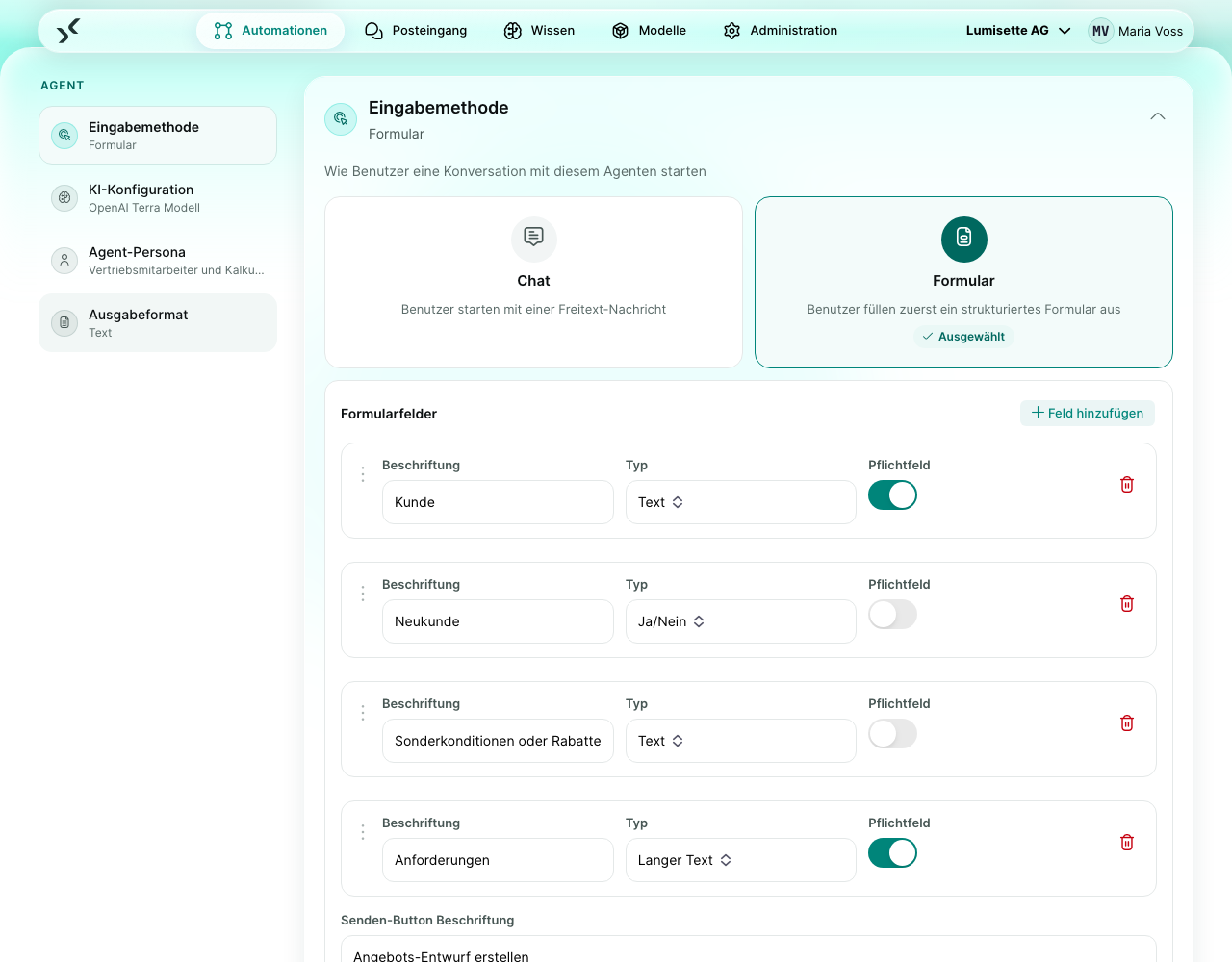Die Eingabemethode „Formular“ eines Agenten mit vier Feldern – Text, Ja/Nein, Text und Langer Text – und der Beschriftung des Senden-Buttons.