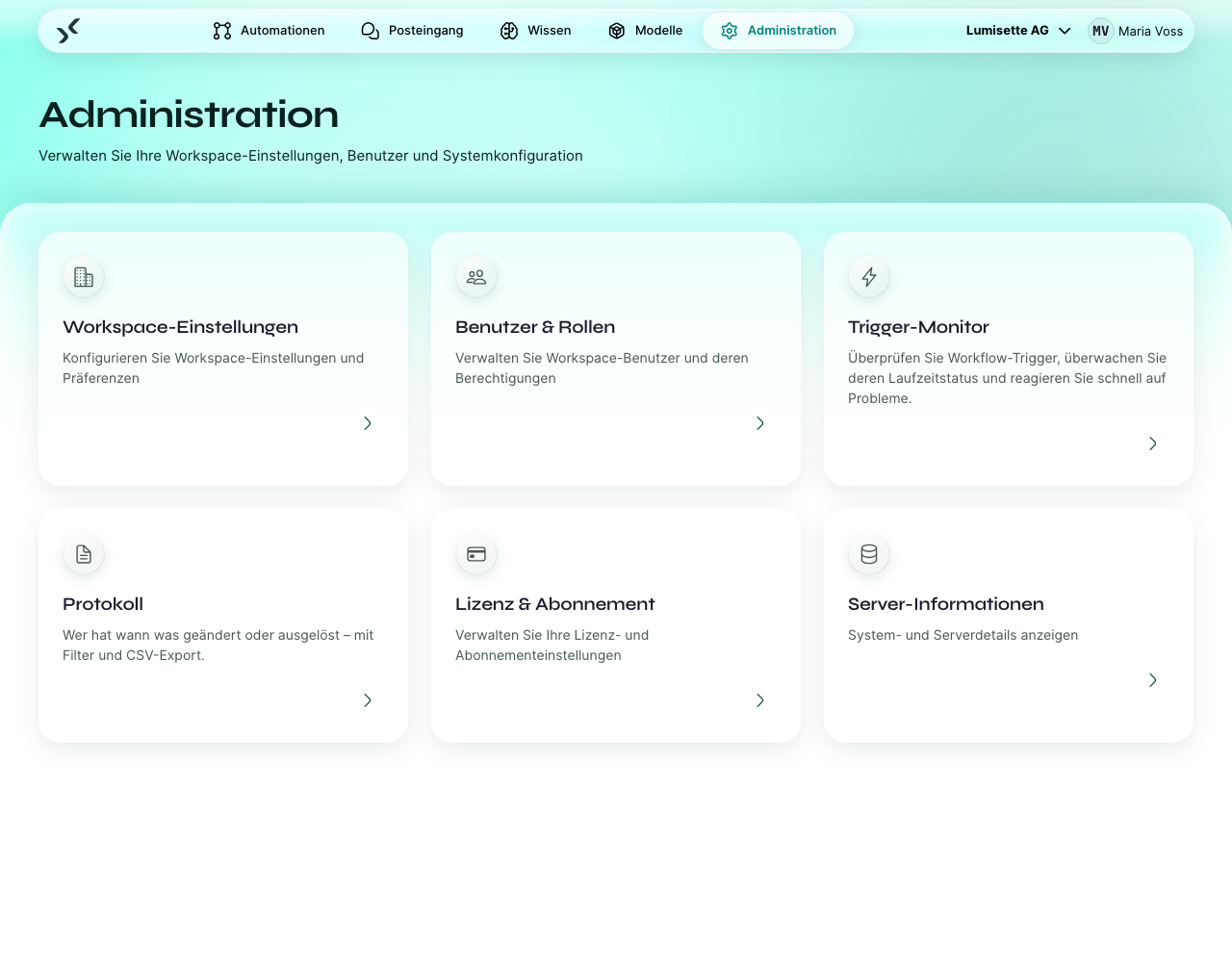 Der Reiter „Administration“ mit seinen fünf Kacheln: Workspace-Einstellungen, Benutzer &amp; Rollen, Trigger-Monitor, Lizenz &amp; Abonnement, Server-Informationen.