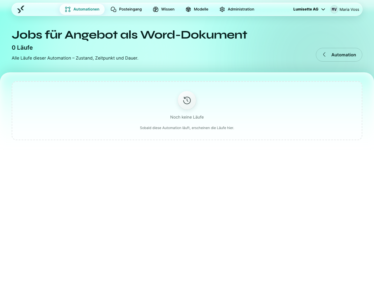 Die Ansicht „Jobs“ eines Workflows mit den Statusfiltern über der Liste der Läufe.