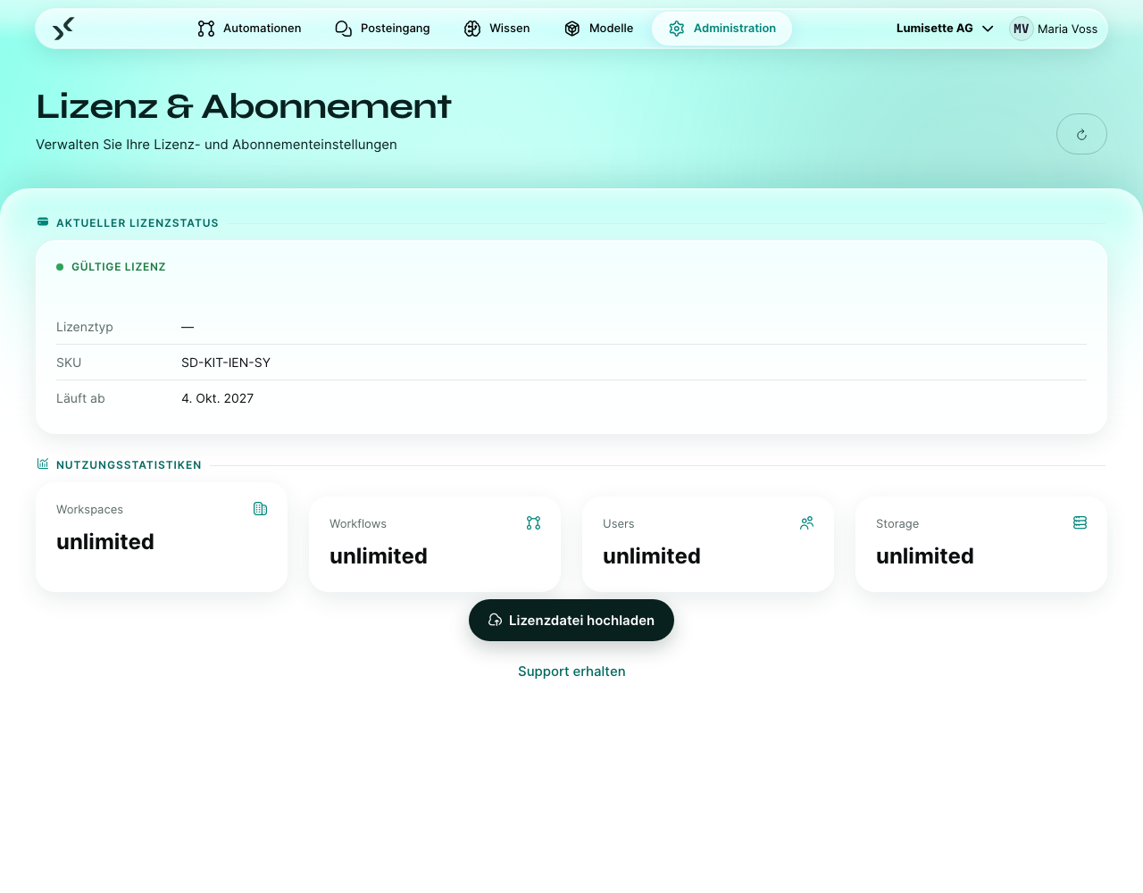 Die Seite „Lizenz &amp; Abonnement“ mit dem aktuellen Lizenzstatus, „Lizenzdatei hochladen“ und „Support erhalten“.