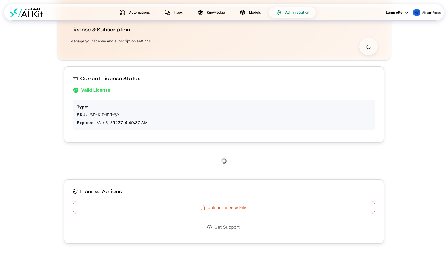 The License page with the current license summary, Upload License File, and Get Support.