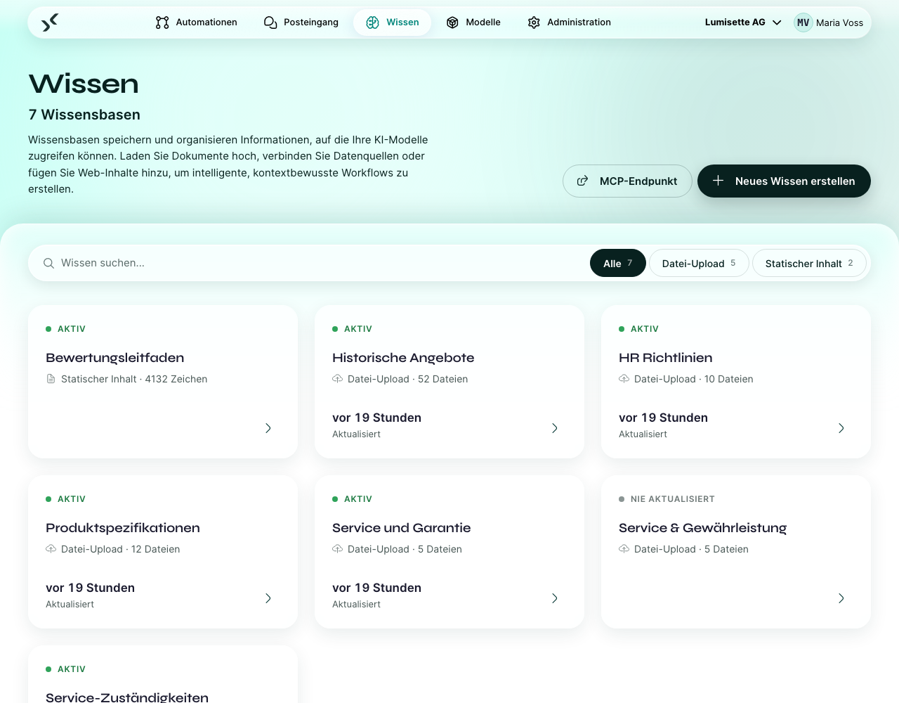 Der Bereich Wissen mit den Wissensbasen des Workspace, ihrem Quellentyp und weiteren Angaben.