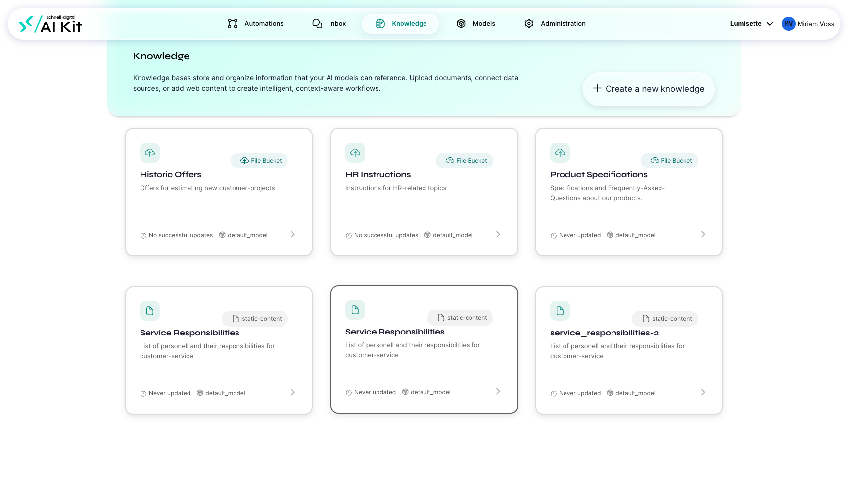 The Knowledge tab showing the workspace's knowledge bases with their source type and metadata.