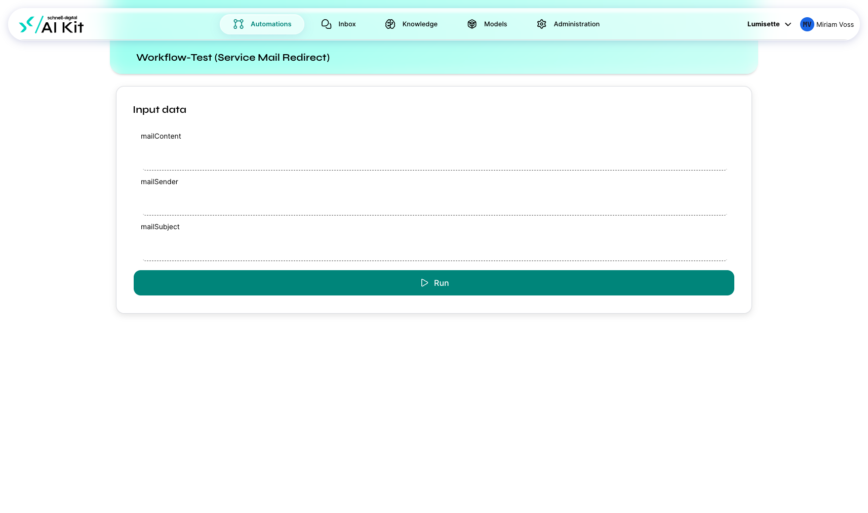 The Manual Run page with input fields representing the trigger's outputs.