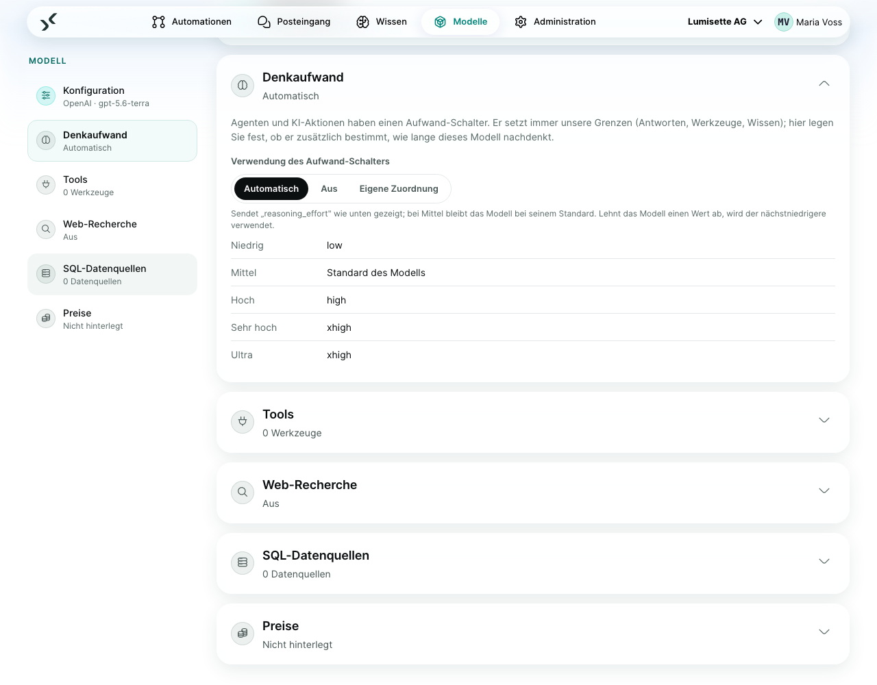 Die Karte „Denkaufwand“ im Modell-Editor mit den Modi Automatisch, Aus und Eigene Zuordnung und dem Wert je Aufwandsstufe.