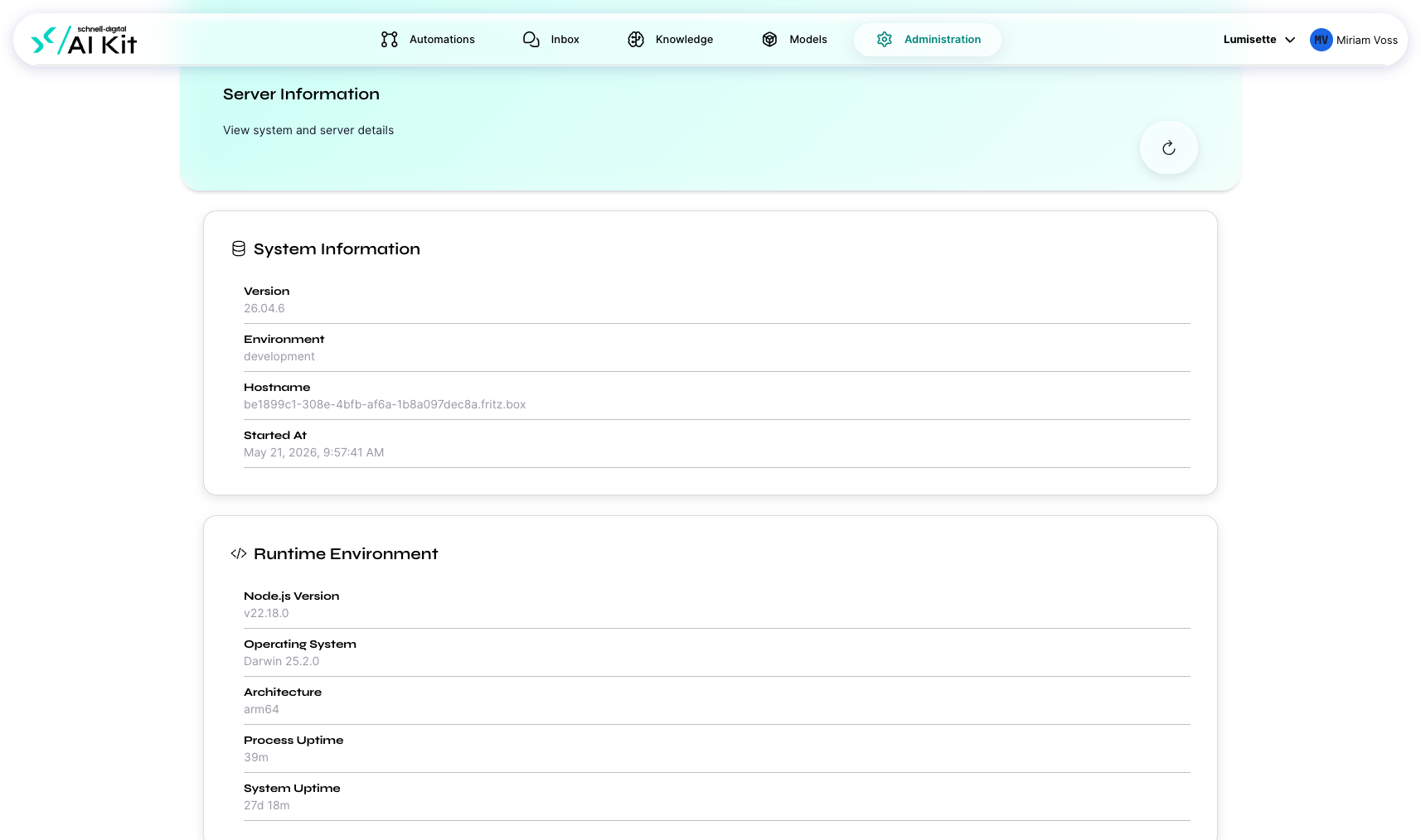 The Server Information page with version, environment, and runtime details.