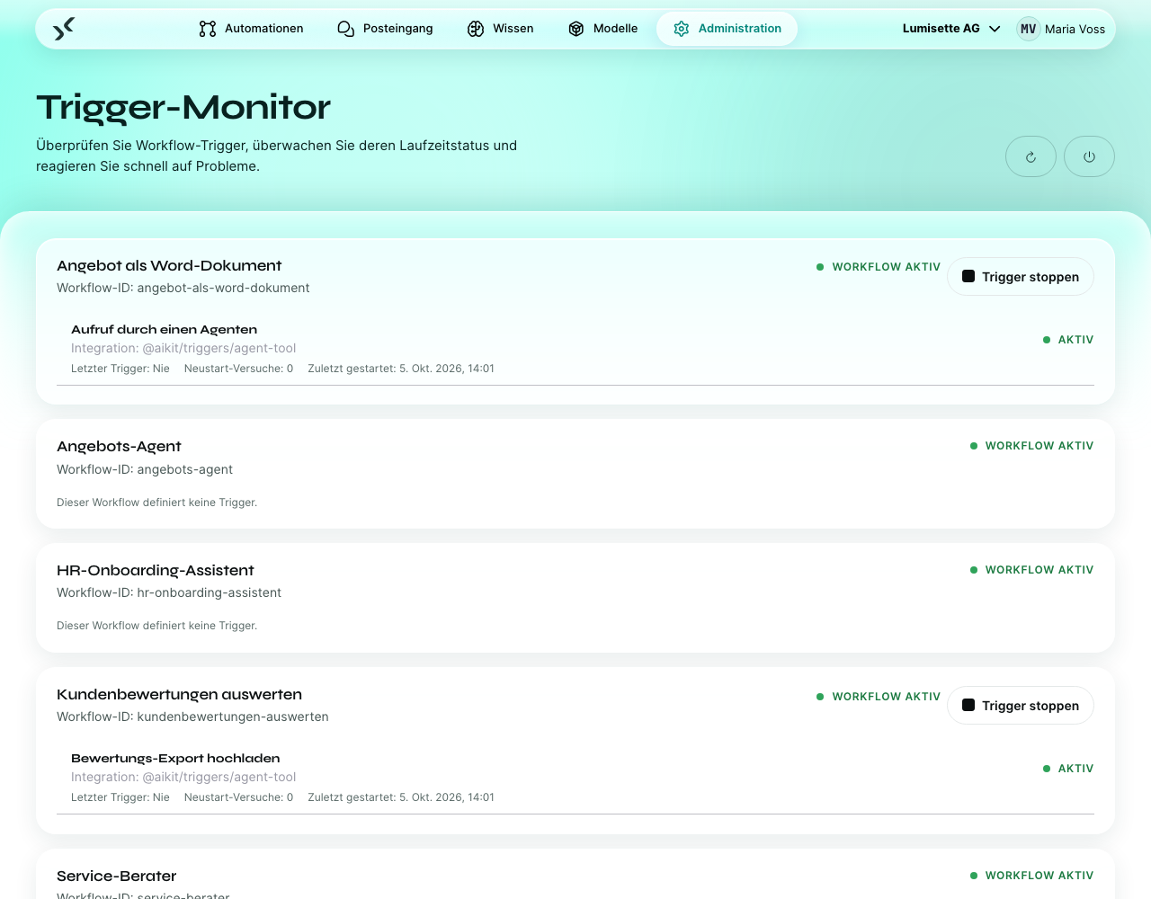 Der Trigger-Monitor mit dem Trigger-Status jedes Workflows und den Knöpfen „Trigger starten“ und „Trigger stoppen“.
