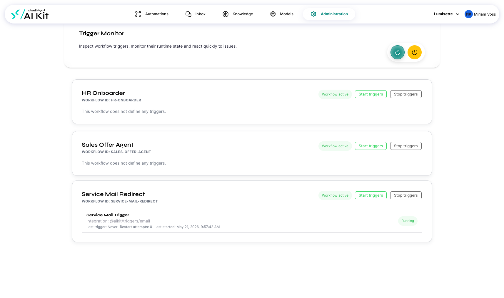 The Trigger Monitor page listing every workflow's trigger status with Start/Stop controls.