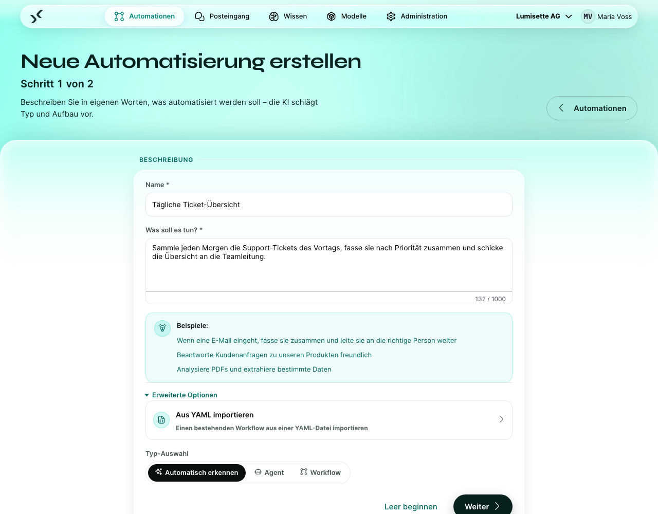 Der Assistent mit aufgeklapptem Abschnitt „Erweiterte Optionen“, der Zeile „Aus YAML importieren“ und den drei Auswahlmöglichkeiten für den Typ.