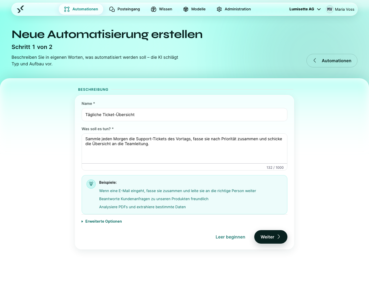 Schritt 1 des Assistenten für neue Automationen mit ausgefüllten Feldern „Name“ und „Was soll es tun?“.