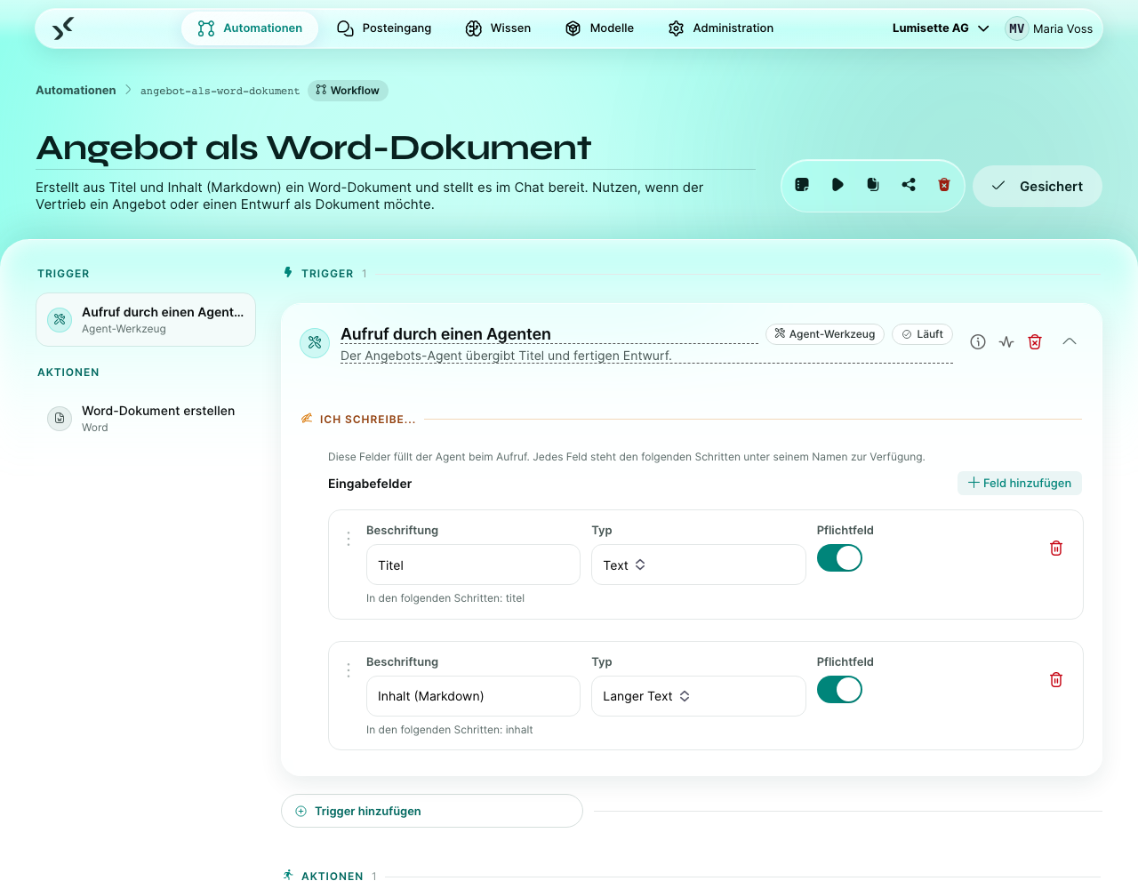 Der Workflow-Editor mit dem Trigger oben und einer Folge von Schritt-Karten darunter.