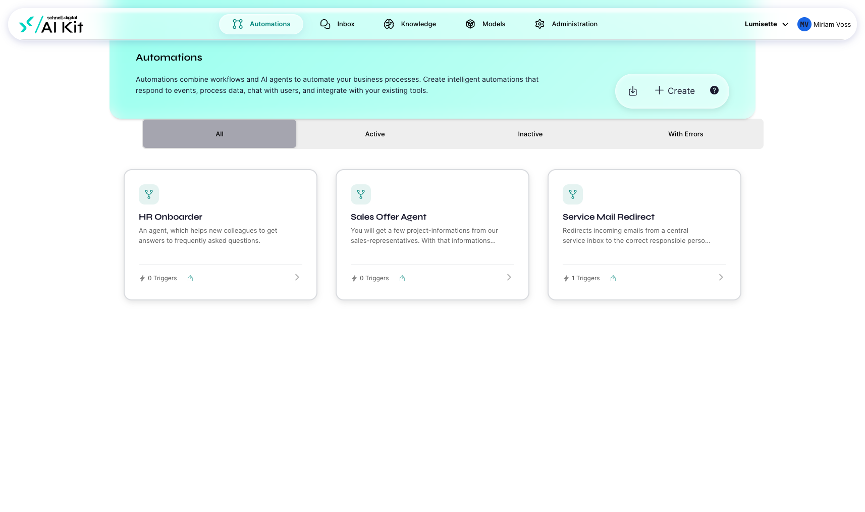 The Automations tab showing a mix of workflow cards and agent cards.