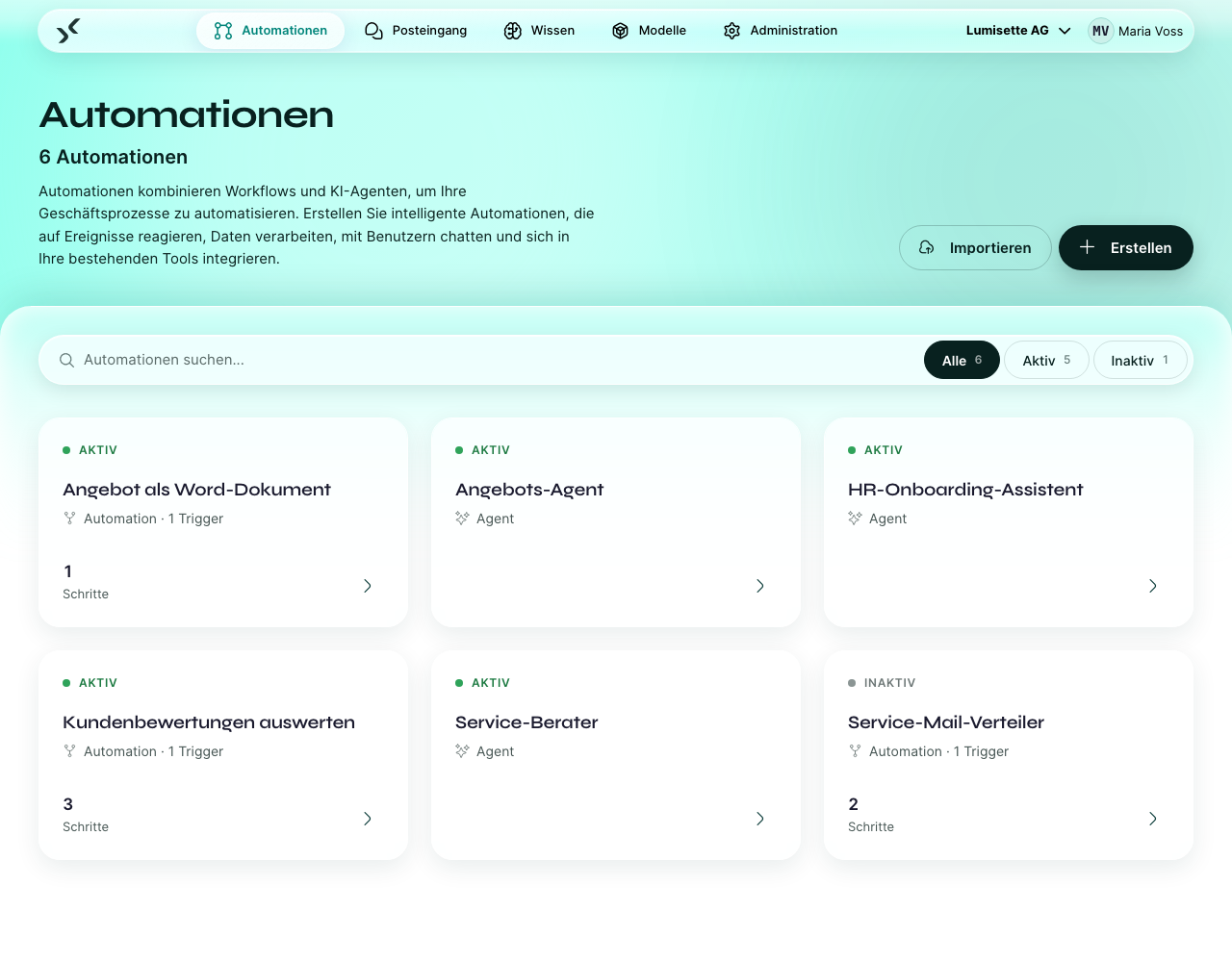 Der Reiter „Automationen“ mit einer Mischung aus Workflow- und Agenten-Karten.