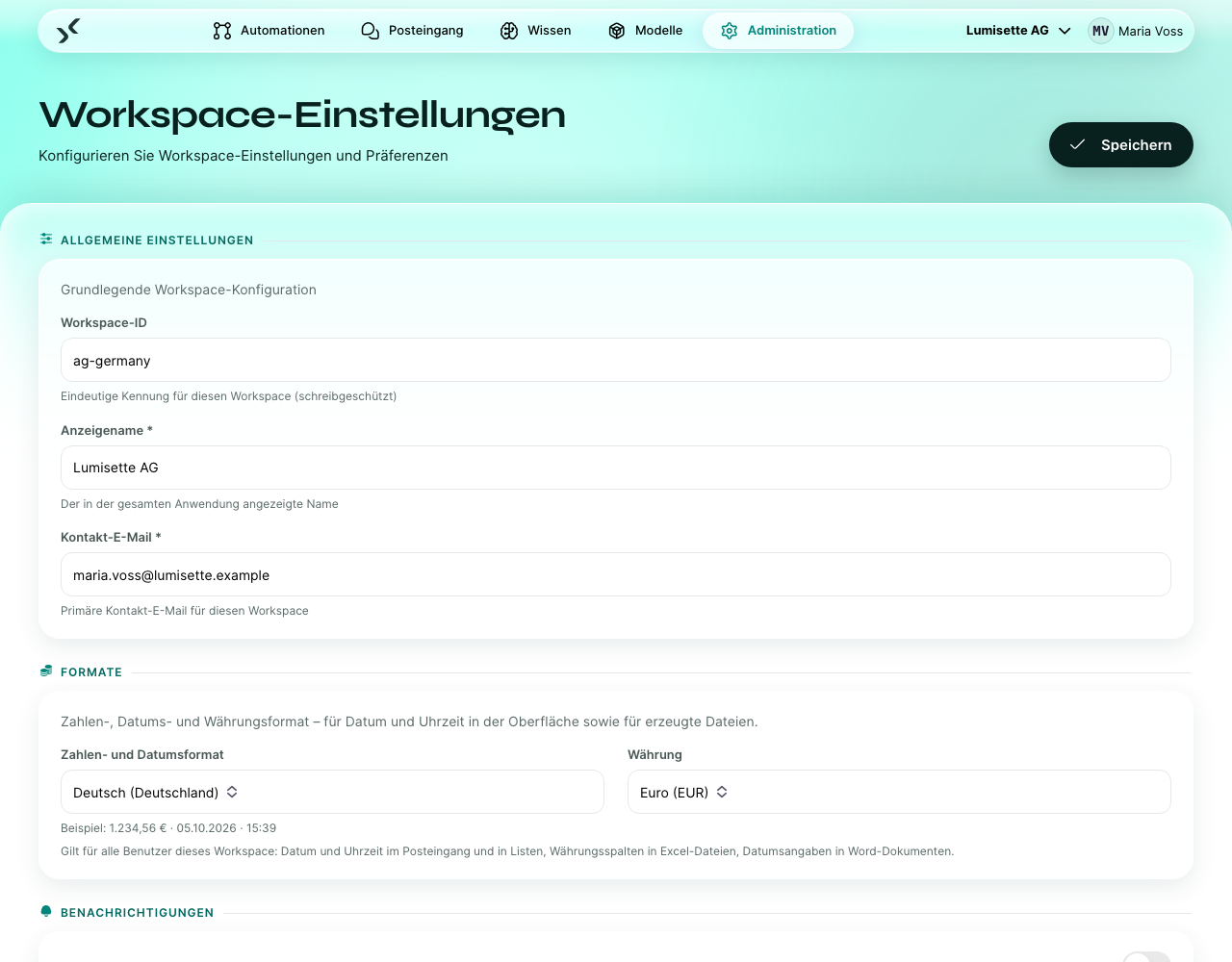 Die Seite „Workspace-Einstellungen“ mit der Workspace-ID (schreibgeschützt), dem Anzeigenamen, der Kontakt-E-Mail und dem Knopf „Speichern“.