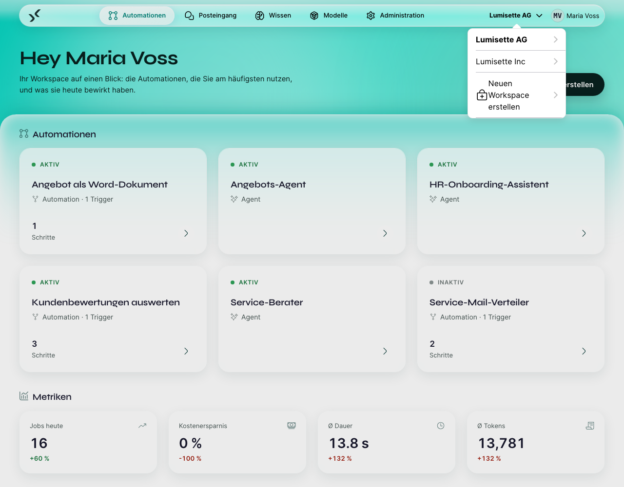 Die über die obere Werkzeugleiste geöffnete Workspace-Auswahl mit allen Workspaces, denen Sie angehören; der aktive ist hervorgehoben.